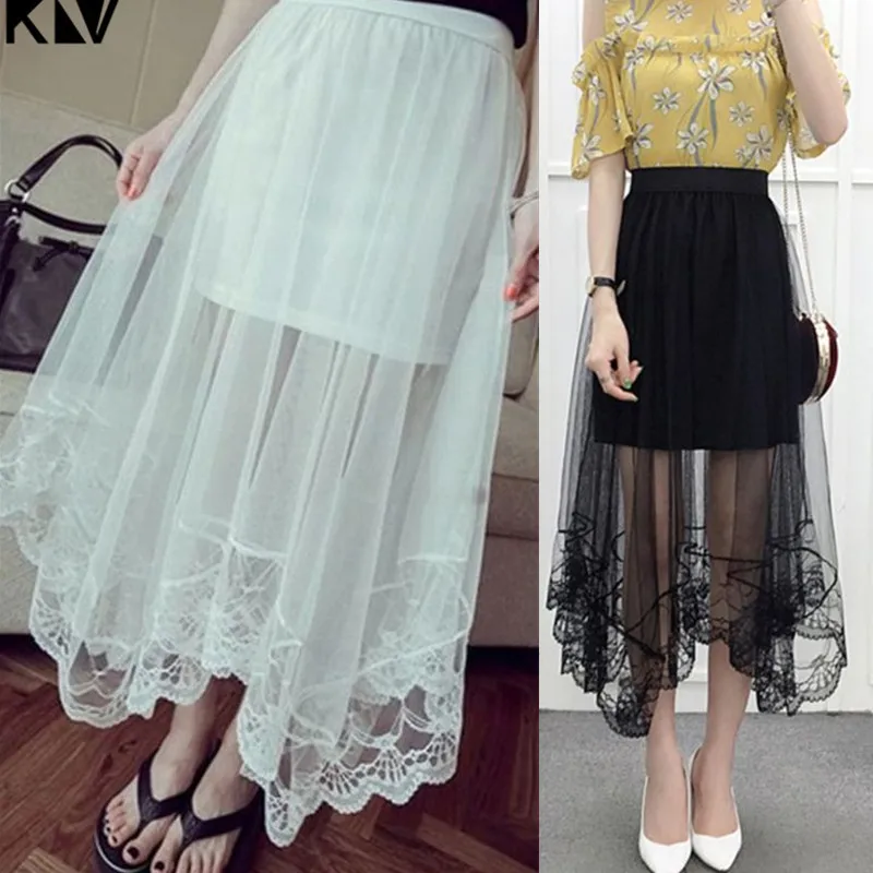 

KLV High Waist Scalloped Lace Trim Midi Long Skirt Lined Solid Color Irregular Hem Pleated Double Layer Sheer Mesh Party Skirt