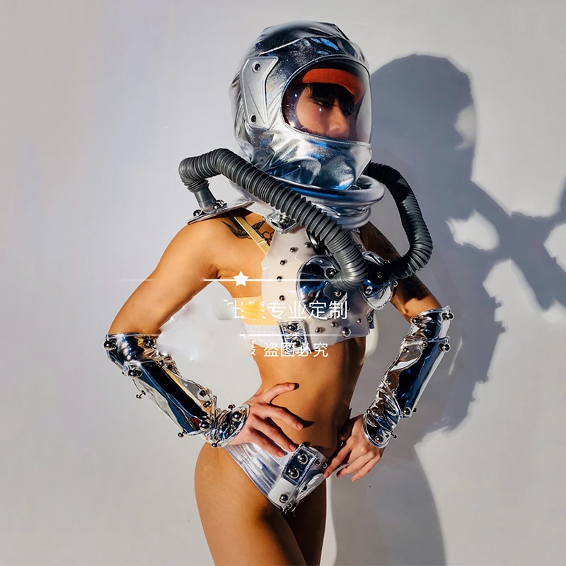 Nightclub Bar Space Party Space Helmet Armor Split Suit Female Singer Dj Ds Stage Costume Rave Clothes Performance Wear DN5583