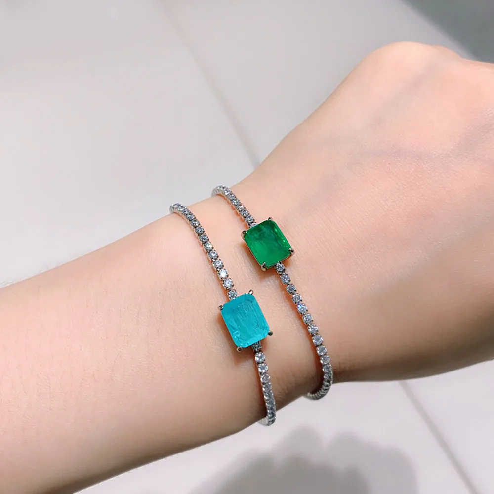 KNRIQUEN Paraiba Tourmaline Emerald Gemstone Tennis Chain Women's Strand Bracelet Charming Party Fine Jewelry Retro Accessories