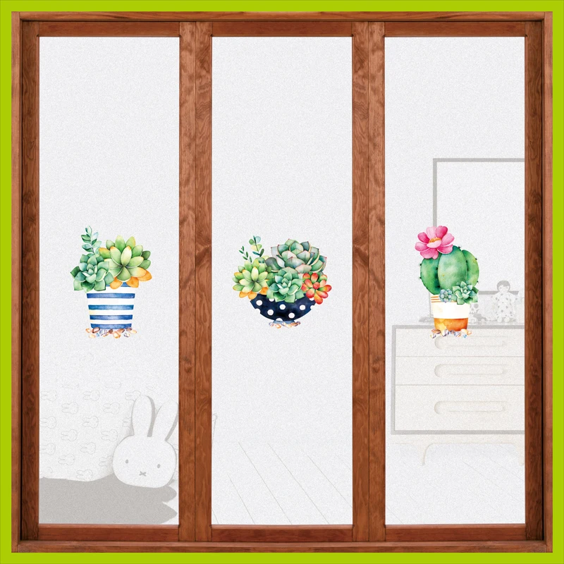 Customized Size Reusable Glass Film Static Cling Stained Succulents Cute Plants Bedroom Bathroom Cabinet Door Decor 50cmx100cm