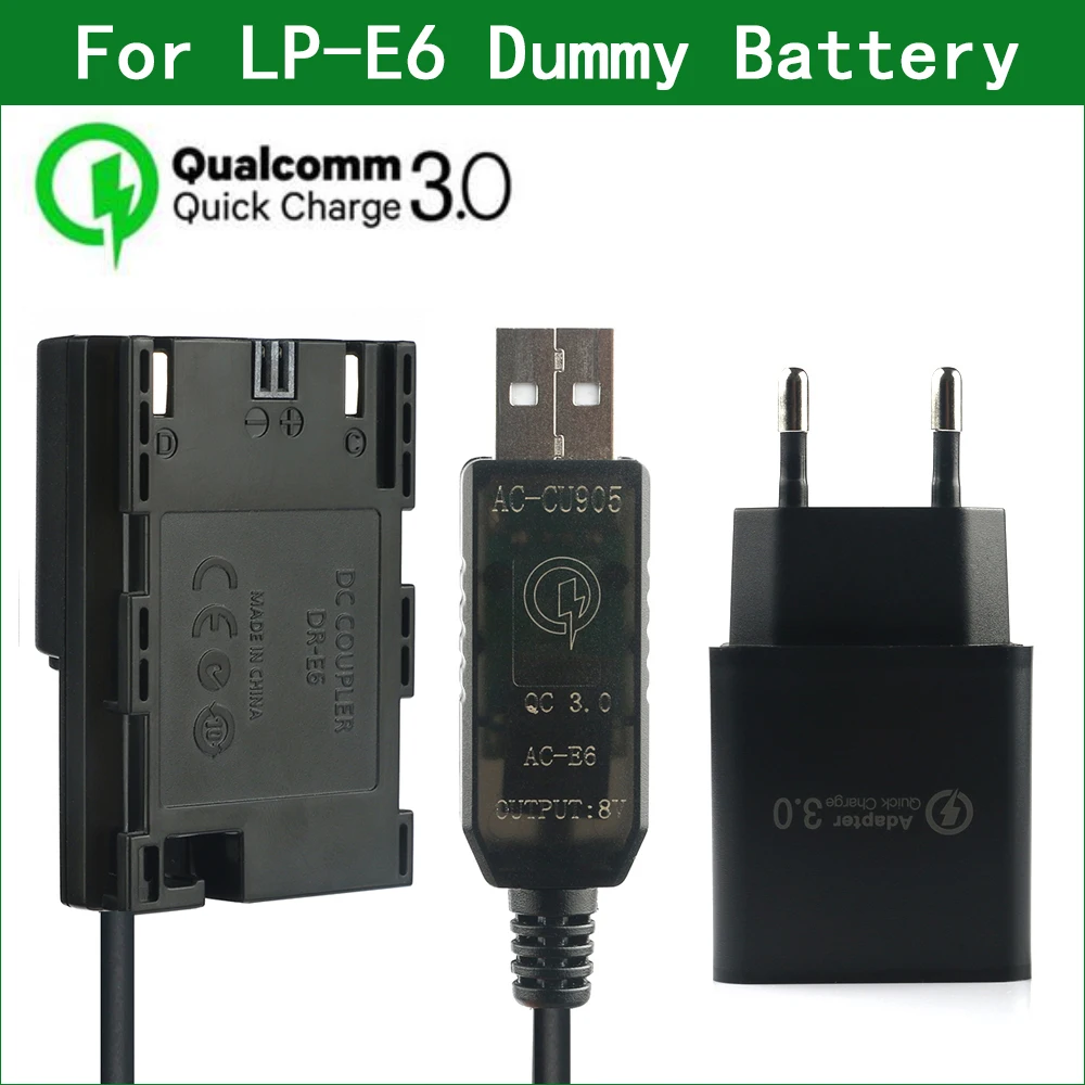 QC3.0 LP E6 E6N Dummy Battery ACK-E6 DR-E6 DC COUPLER for Canon EOS 5D2 5D3 5D4 6D2 7D2 5DS R, 5D Mark III IV, 6D 7D Mark II