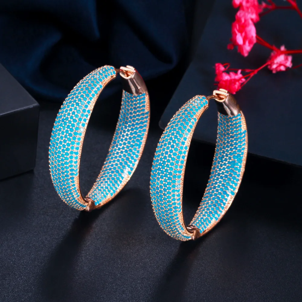 CWWZircons Luxury Turkish Light Blue Cubic Zirconia Large Loop Hoop Earring for Women Fashion Statement Jewelry Brincos CZ883