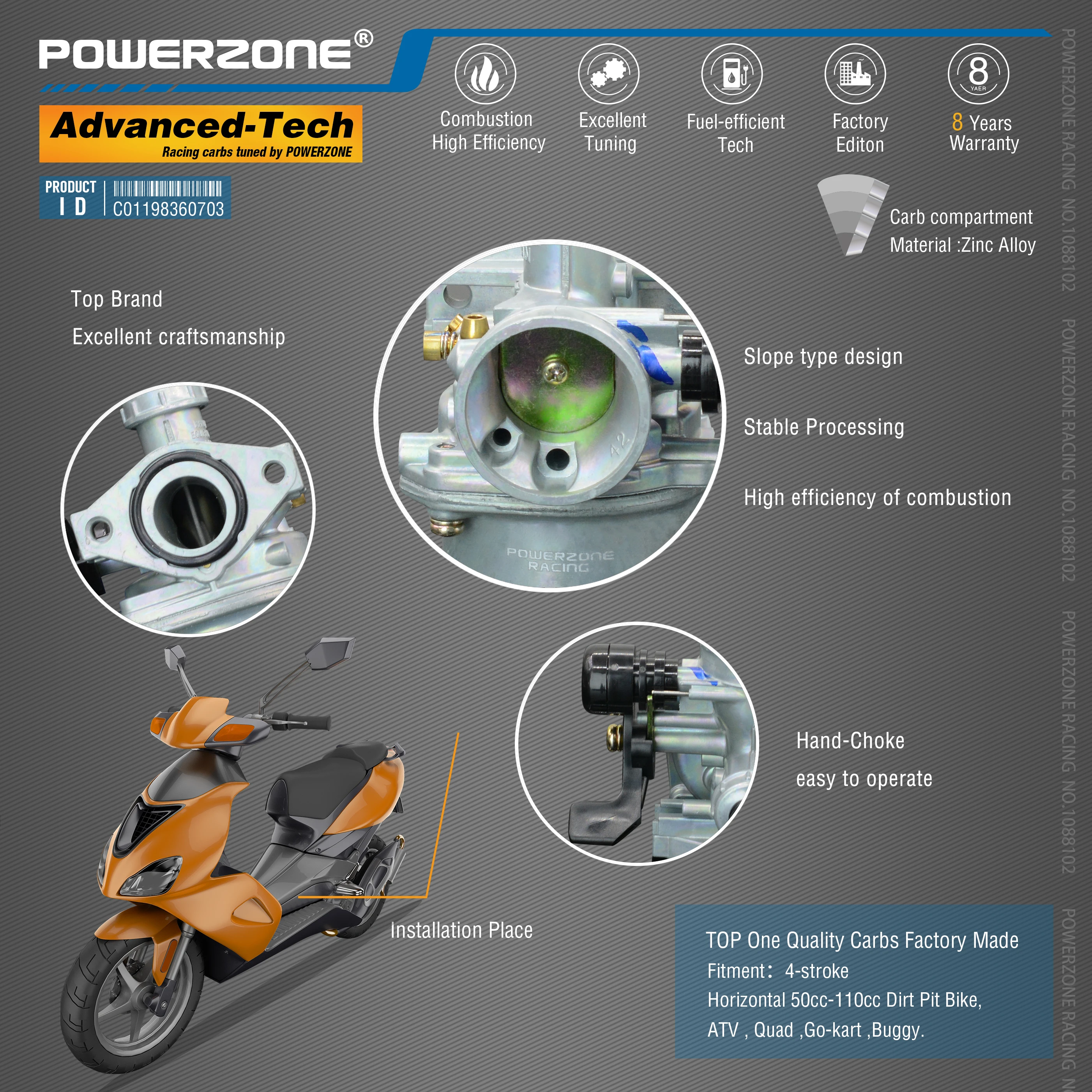 Powerzone  Carburetor PZ19 19mm  CVK  Accelerator Pump Carb For Horizontal 50cc-110cc Dirt Pit Bike,ATV , Quad ,Go-kart ,Buggy