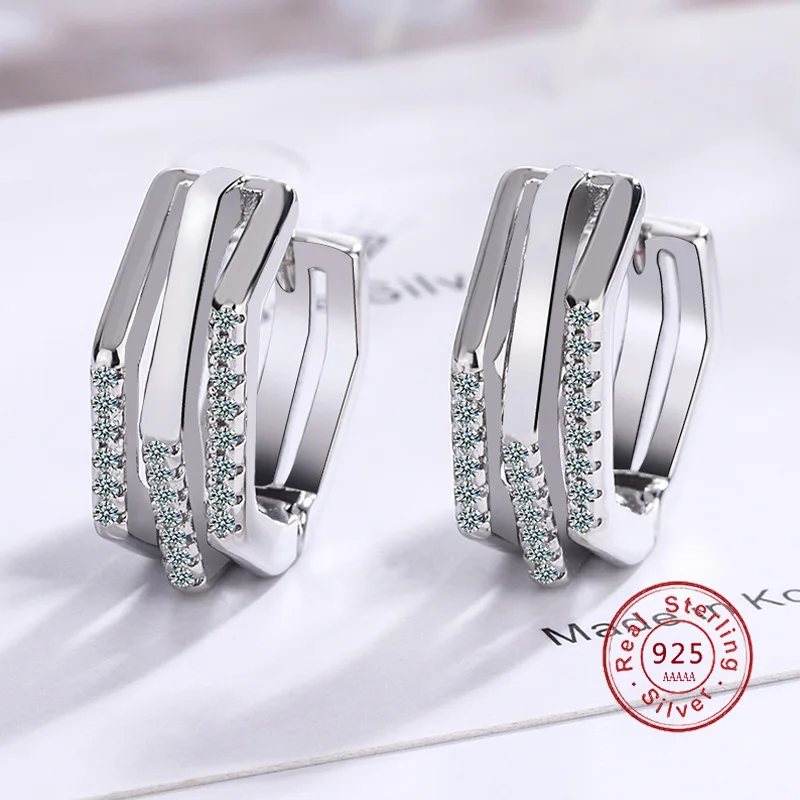 Fashion 3 Lay Sterling Silver Women Stud Earrings Luxury 3 Row Rhinestone 925  Silver Jewelry for Women Girl Gift Wholesale