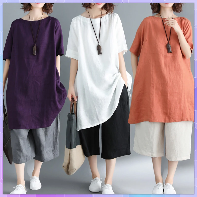 Summer Long T shirt Women's Solid Tee Shirt Cotton And Linen Tshirt Loose Large Size Sport Top Half Sleeve Tops Female Clothing