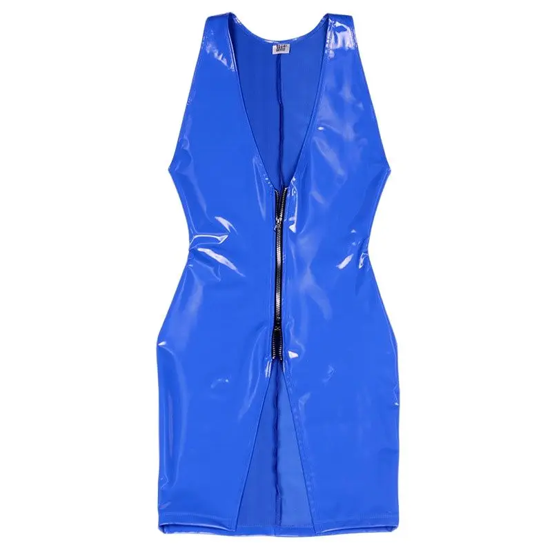 Sexy Vrouwen PVC Glanzend Glanzend Diepe V-hals Micro Mini Jurk Latex Hoge Cut Rits Strakke Potlood Leuke Meid Jurk Mouwloos