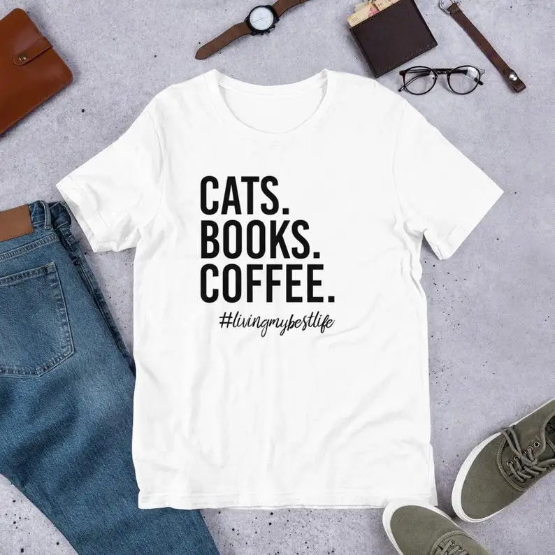 

Cats Books Coffee Living Graphic Printed T-Shirt Tshirt Short Sleeve Kawaii Harajuku 90S Female Summer style Top Tees tops