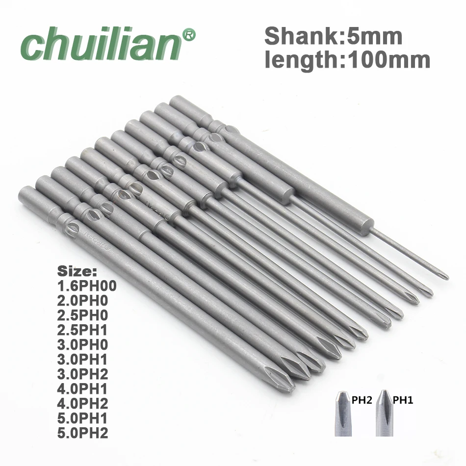 

801 PH1 PH2 Shank 5mm Magnetic Round Phillips Cross Head Screwdriver Bit Set Hand Tools Long 100mm