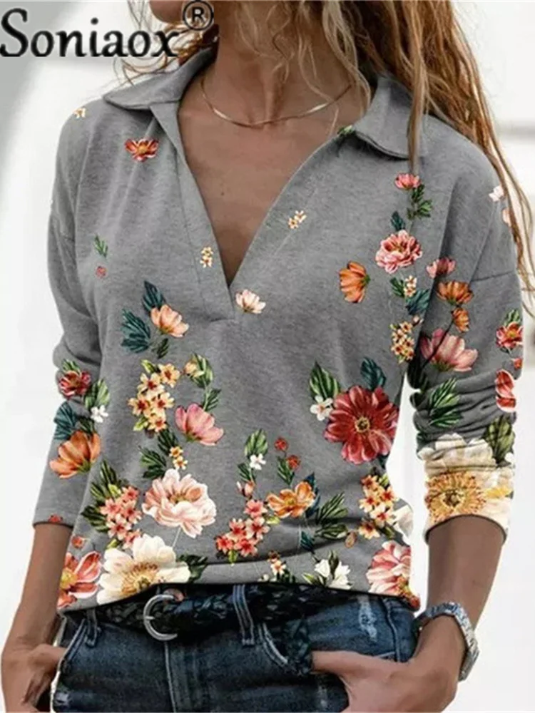 

2021 Women Fashion Floral Print Stitching T-Shirt Spring Autumn Ladies V-Neck Pullover Ribbed Knitted Long Sleeve T Shirt Tops