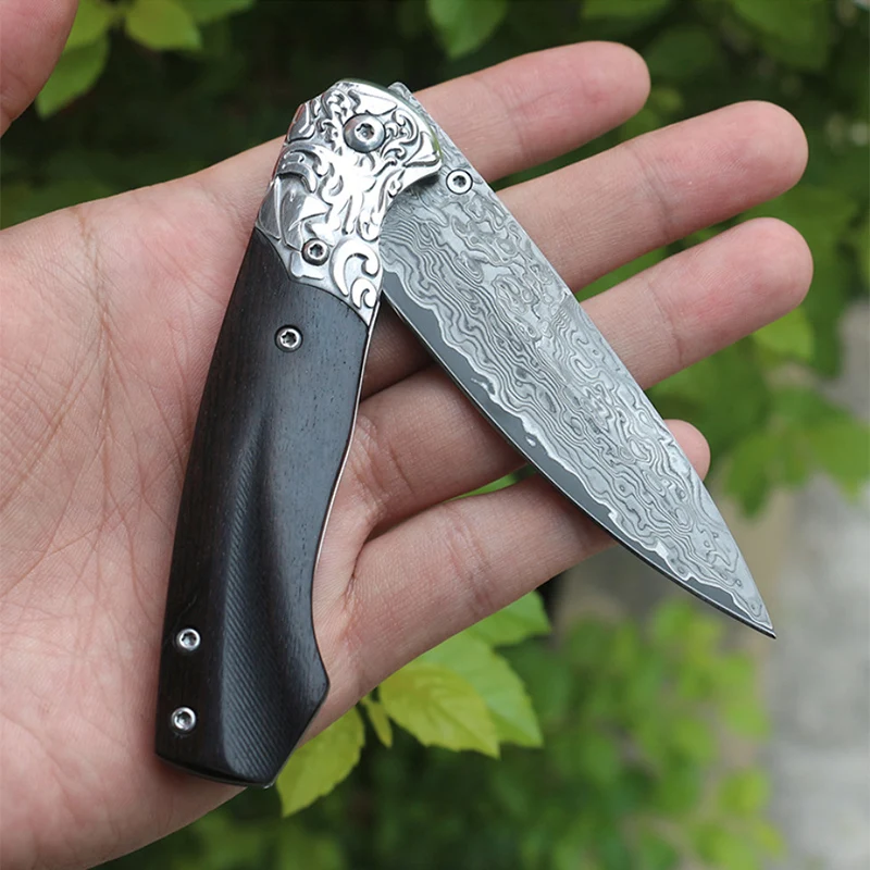 Kitchen tools Folding knife  Damascus steel imports blacksmithing camping tool wood handle outdoor self-defense knife