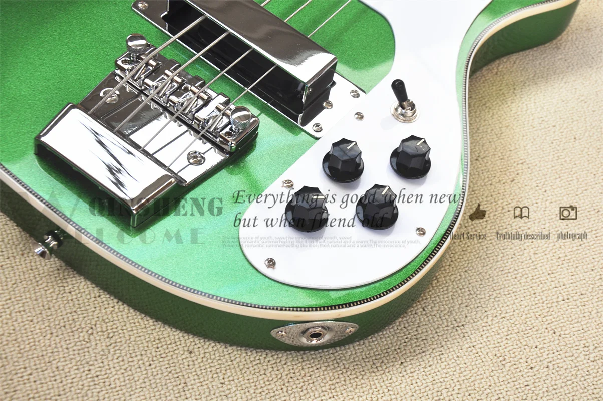 Pre-customized electric guitar bass,4 strings 4003 bass,metal green basswood body fishbone binding  chrome buttons