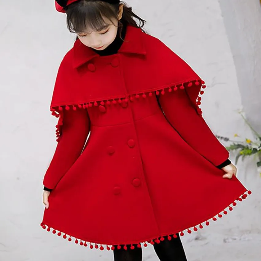 Teen girl autumn winter vintage New year cloak woolen overcoat children double breasted princess shawl outwear