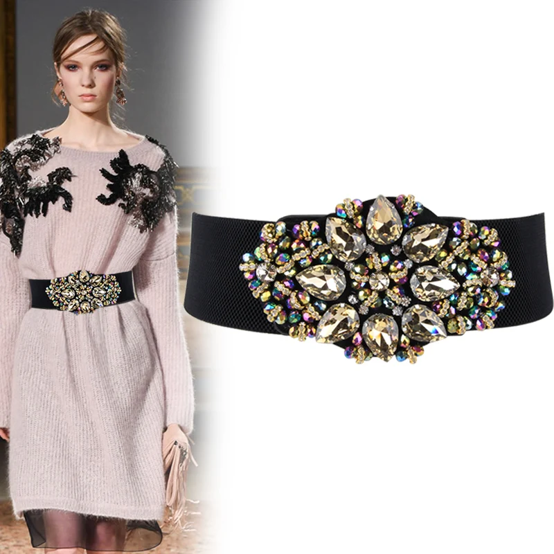 

H3271 Waistbelt Ladies Decorative Wide Elastic Waistband Women Fashion Retro All-match Waist Seal Colorful Diamond Girls Belts