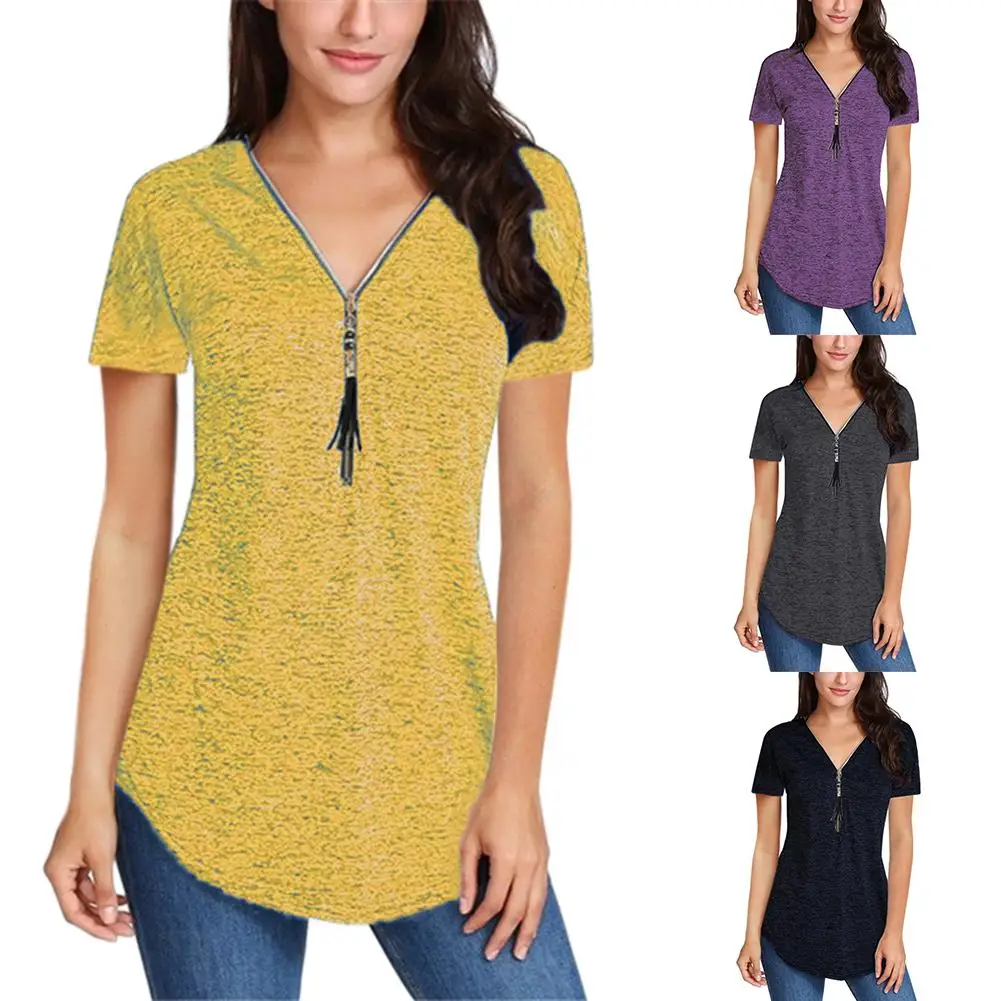 Tassel Zipper V Neck Short Sleeve T-Shirt Casual Women Solid Color Tunic Top