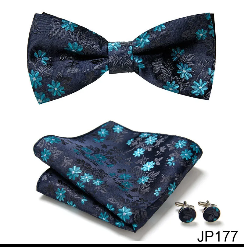 Great Quality Silver Office Butterfly Hanky Cufflink Set Bowtie For Men Geometric Hombre Formal Clothing