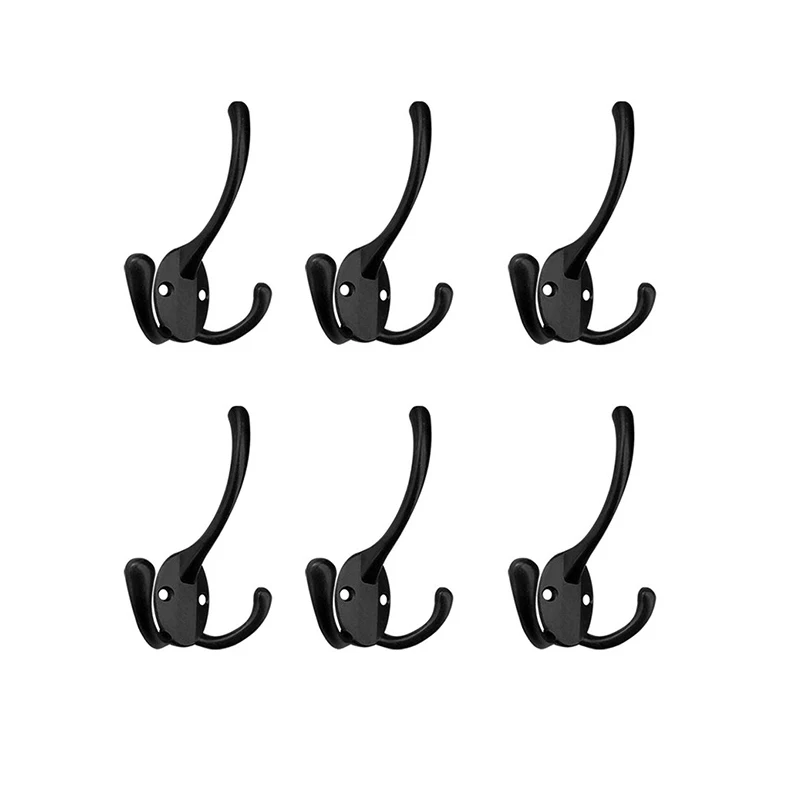 6PCS Big Heavy Duty Three Prongs Coat Hooks Wall Mounted with 12 Screws Retro Double Utility Rustic Hooks for Thick Coat