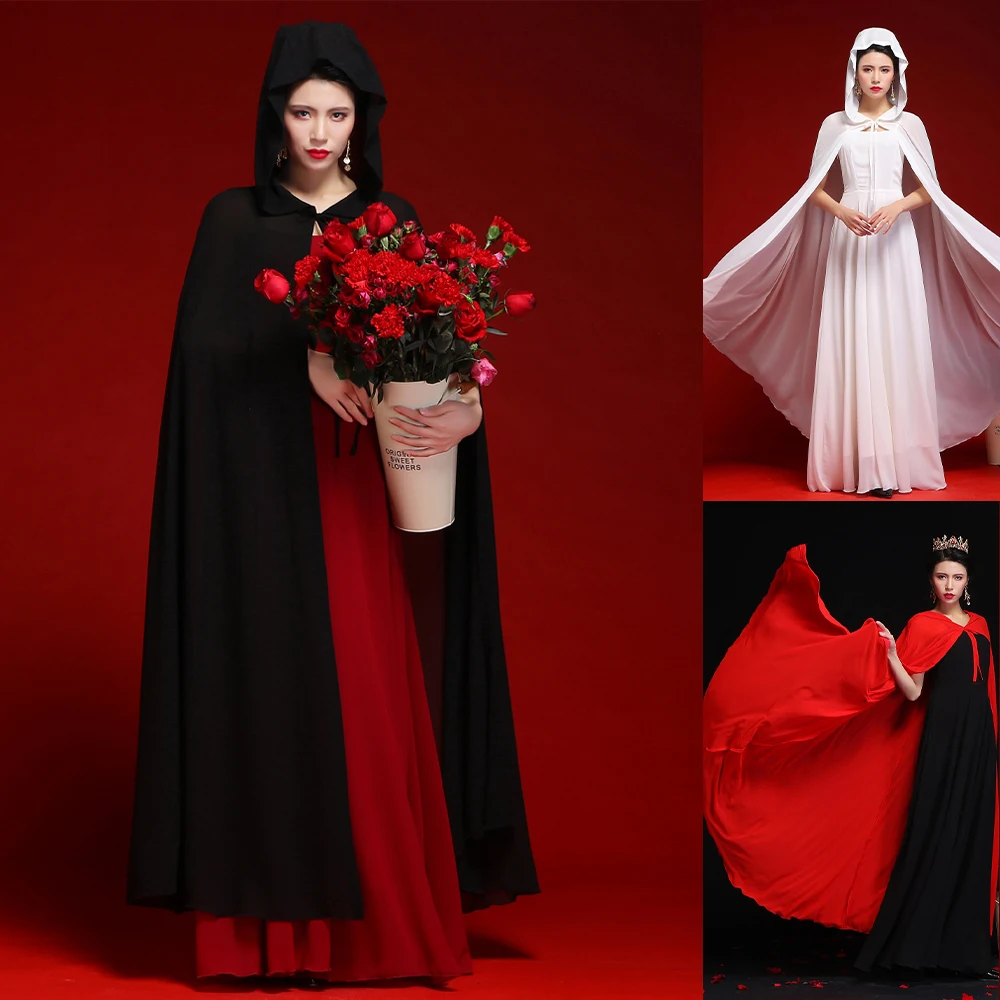 Vrouwen Chiffon Bridal Cape Lange Wedding Mantel Hooded Elegant Lady Party Prom Cape Cosplay Heks Piraat Gerold Mantel Zwart Rood