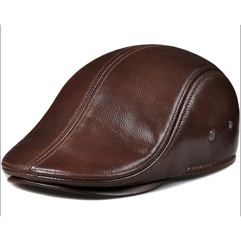 Fashion British Beret Men Genuine Leather Flat Cap Brown Male Earflaps Vintage Ivy Hats Autumn Luxury Directors Caps Gatsby