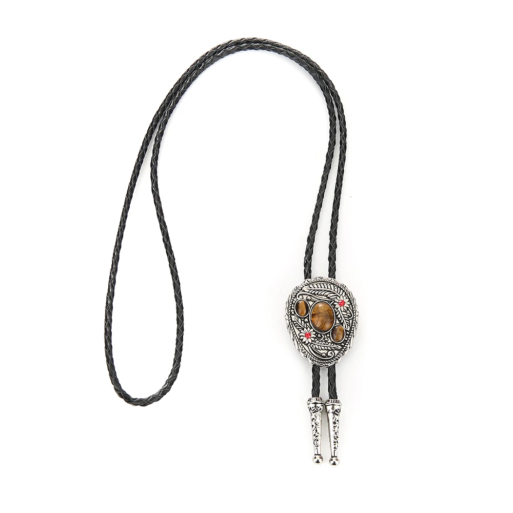 Tiger eye stone leaf  bolo tie for man Indian cowboy western cowgirl leather rope zinc alloy necktie