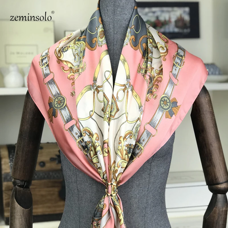 Deluxe Brand Scarves Elegant Female Square Scarf Printed Chain Square Scarf 90*90 cm Square Silk Hair Scarf Female Scarves