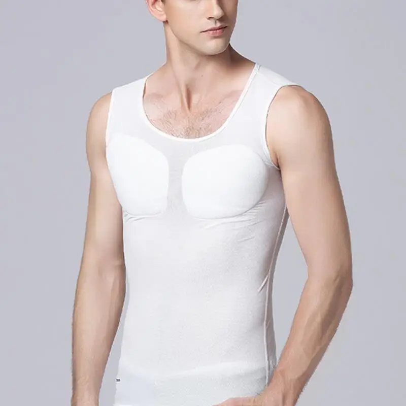 Prayger Muscle Shaper Padded Chest Tops Male Bodybuilding Removable Inserts Undershirts Smooth O Neck Vest