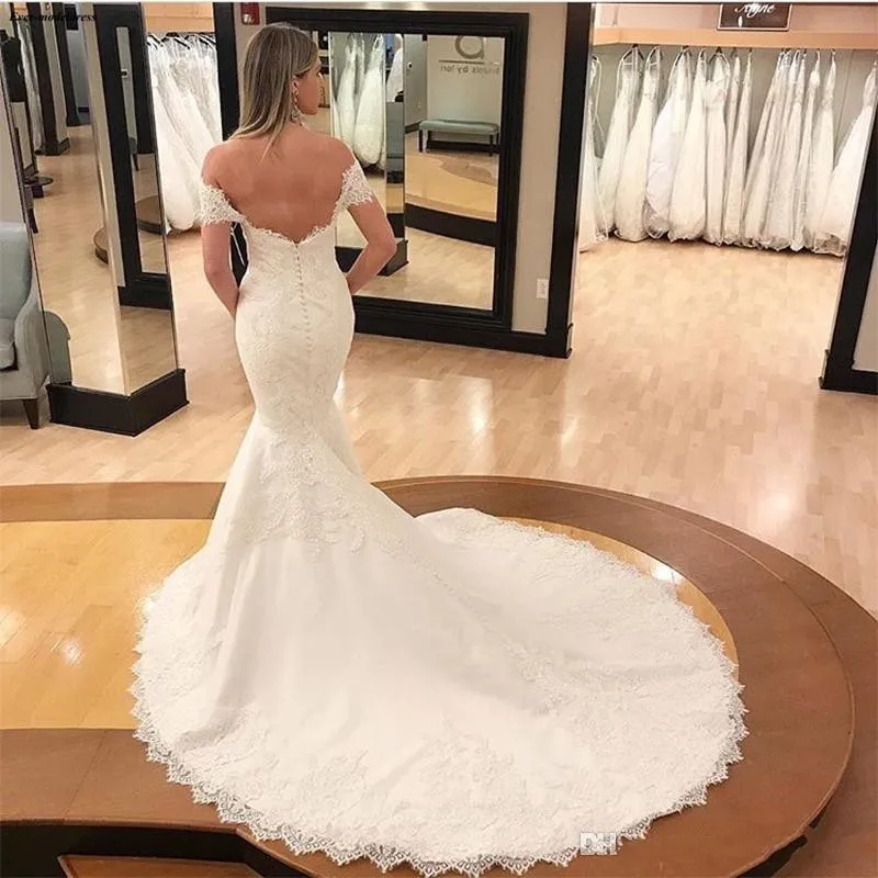 MYYBLE-vestidos De Novia elegantes De sirena, con hombros descubiertos, espalda abierta, Apliques De encaje, vestidos De Novia baratos