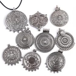 2PCS Tibetan Silver Tribal Large Round Medallion Chandelier Charms Pendants for DIY Boho Vintage Necklace Jewelry Making Finding