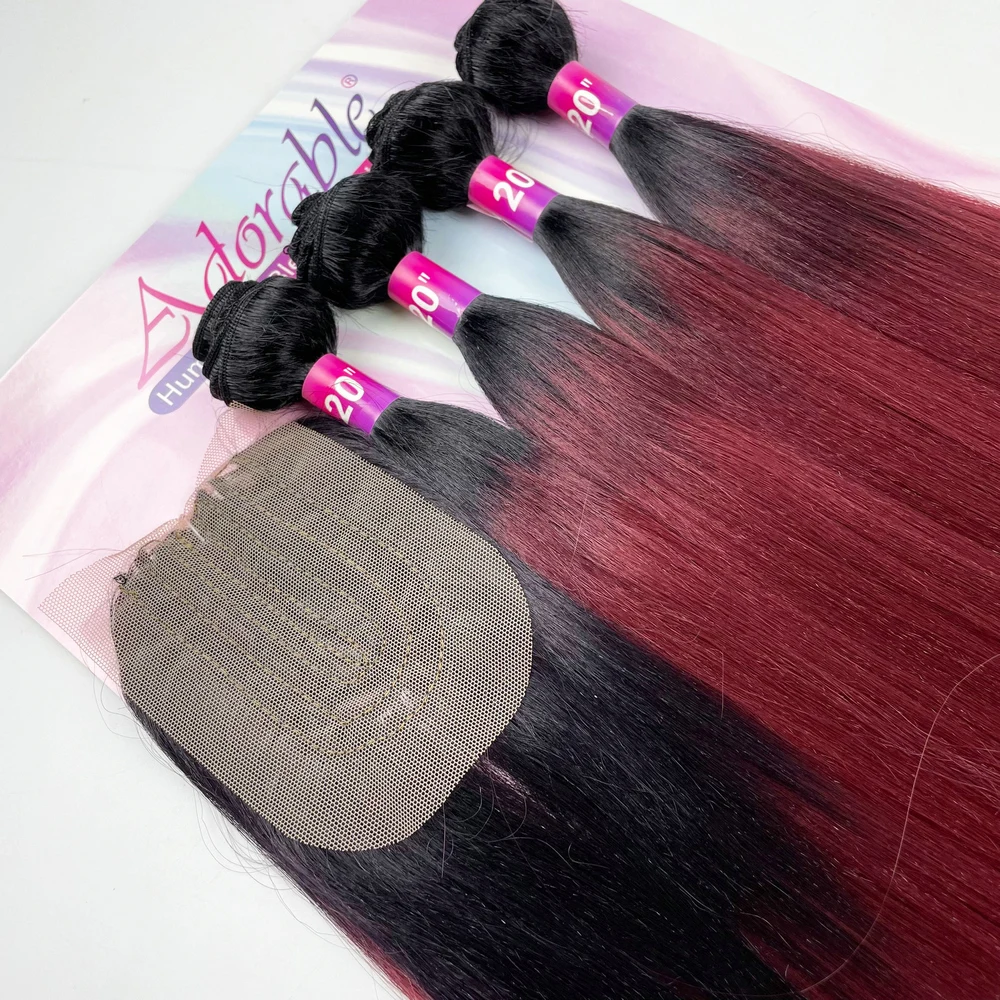 Ombre Red Color Yaki Straight Suit Packet Synthetic Bundles With Lace Closure For Black Woman 20 INCH T1BBUG Amazing Yaki 4pcs