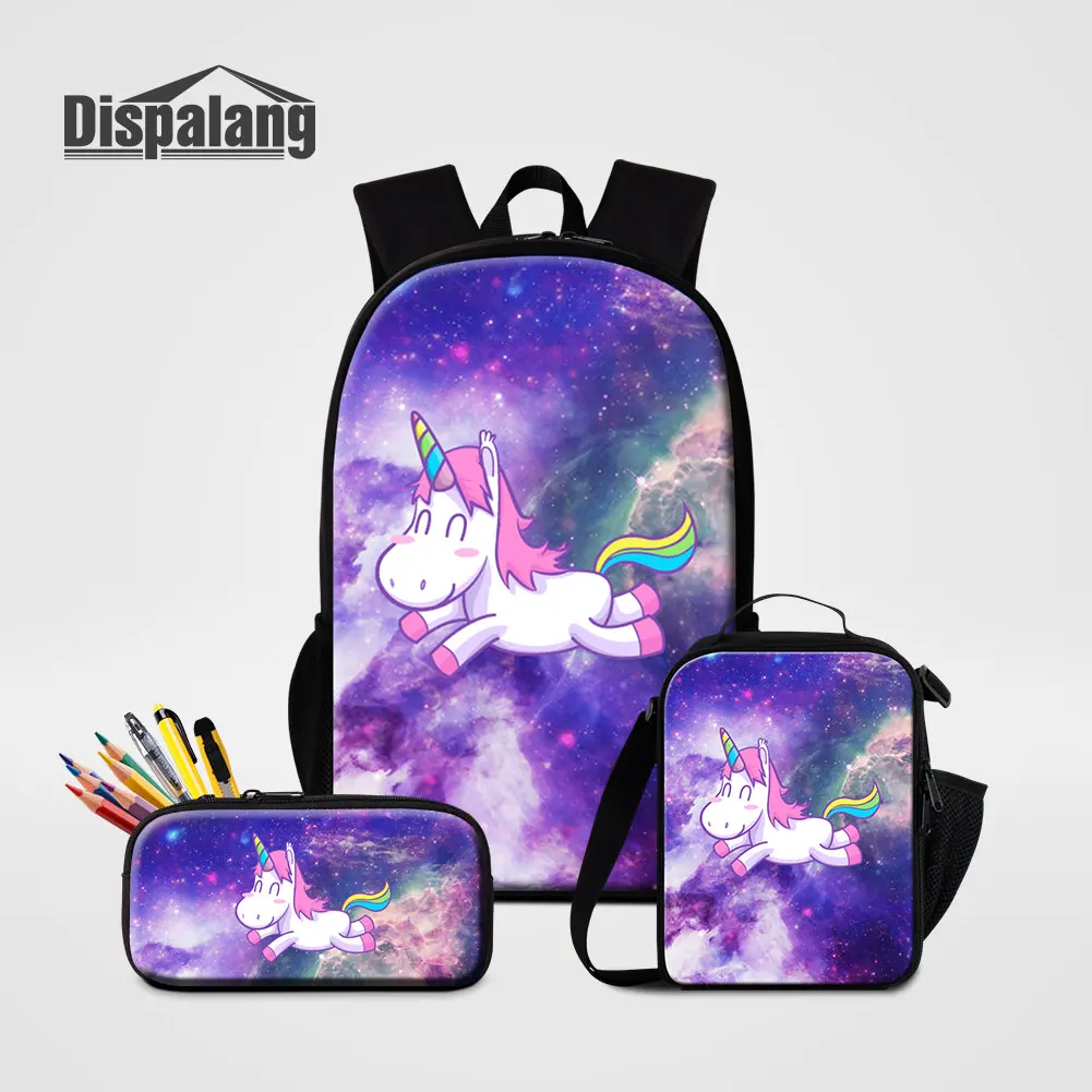 3PCS Set Children Backpack School Universe Space Unicorn Schoolbag Cooler Penbox 16 Inch Large Bookbag For Teeanger Girls