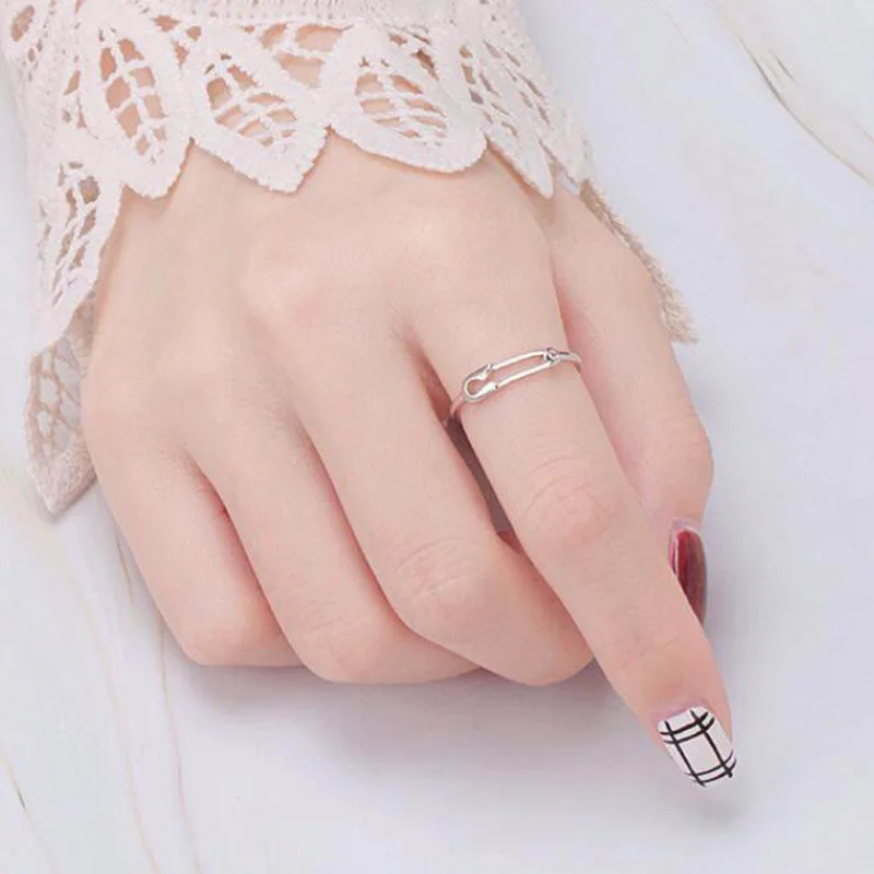 Mode Creatieve Echte 925 Sterling Zilveren Pin Ring Zirkoon Paperclip Vorm Verstelbare Ringen Voor Vrouwen Fijne Sieraden Groothandel