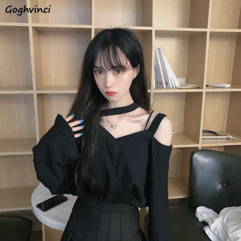 Long Sleeve T-shirts Women Off-shoulder Halter V-neck Sexy Sweet Leisure Chic Designed Ins Korean Fashion T Shirt Streetwear Tee