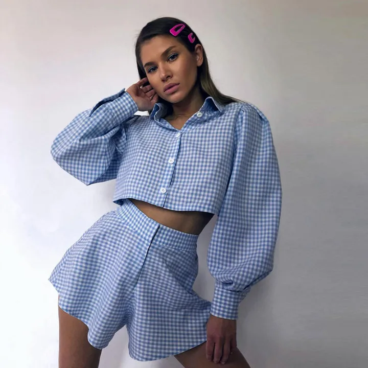 Casual Plaid Shorts Shuits Set For Women Summer Autumn Streetwear Long Sleeve Crop Blouse Shirt + Elastic Waist Shorts Suits