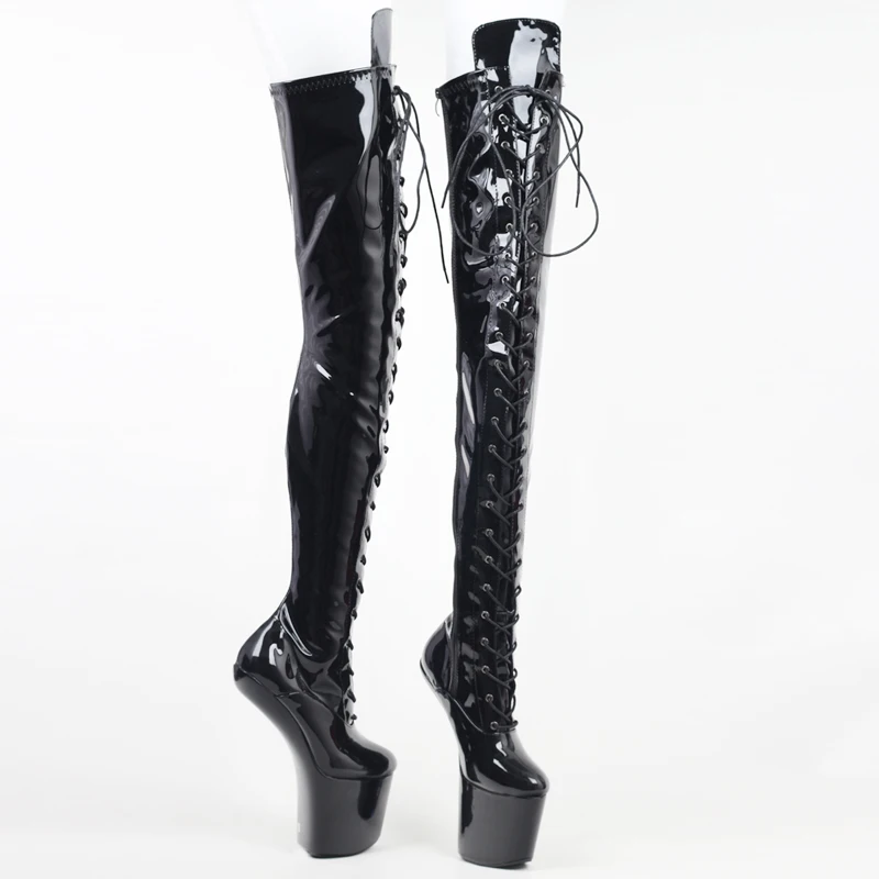 JIALUOWEI 20CM tacco alto Fetish heelless gothic lace-up platform hoof ballet patent boots EU36-46