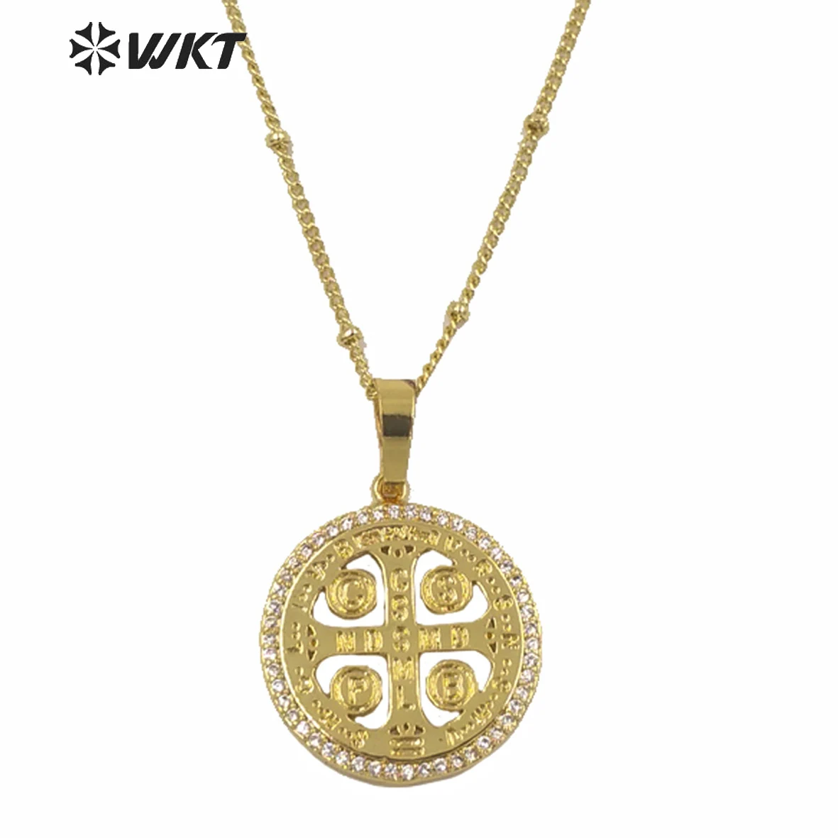 

WT-MN969 Wholesale Fashion Gold Electroplated Religious Metal Cross Necklace With Zircon Setting Around Round Christian