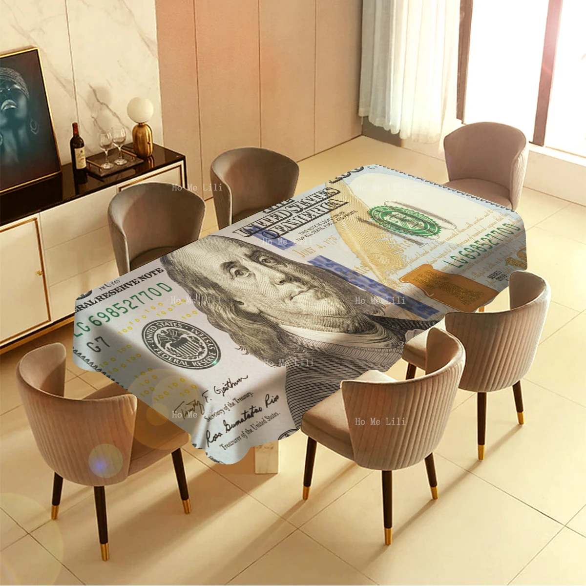 American One Hundred Dollar Bill Benjamin Franklin Portrait Stain Resistant Tablecloth By Ho Me Lili Tabletop Decoration