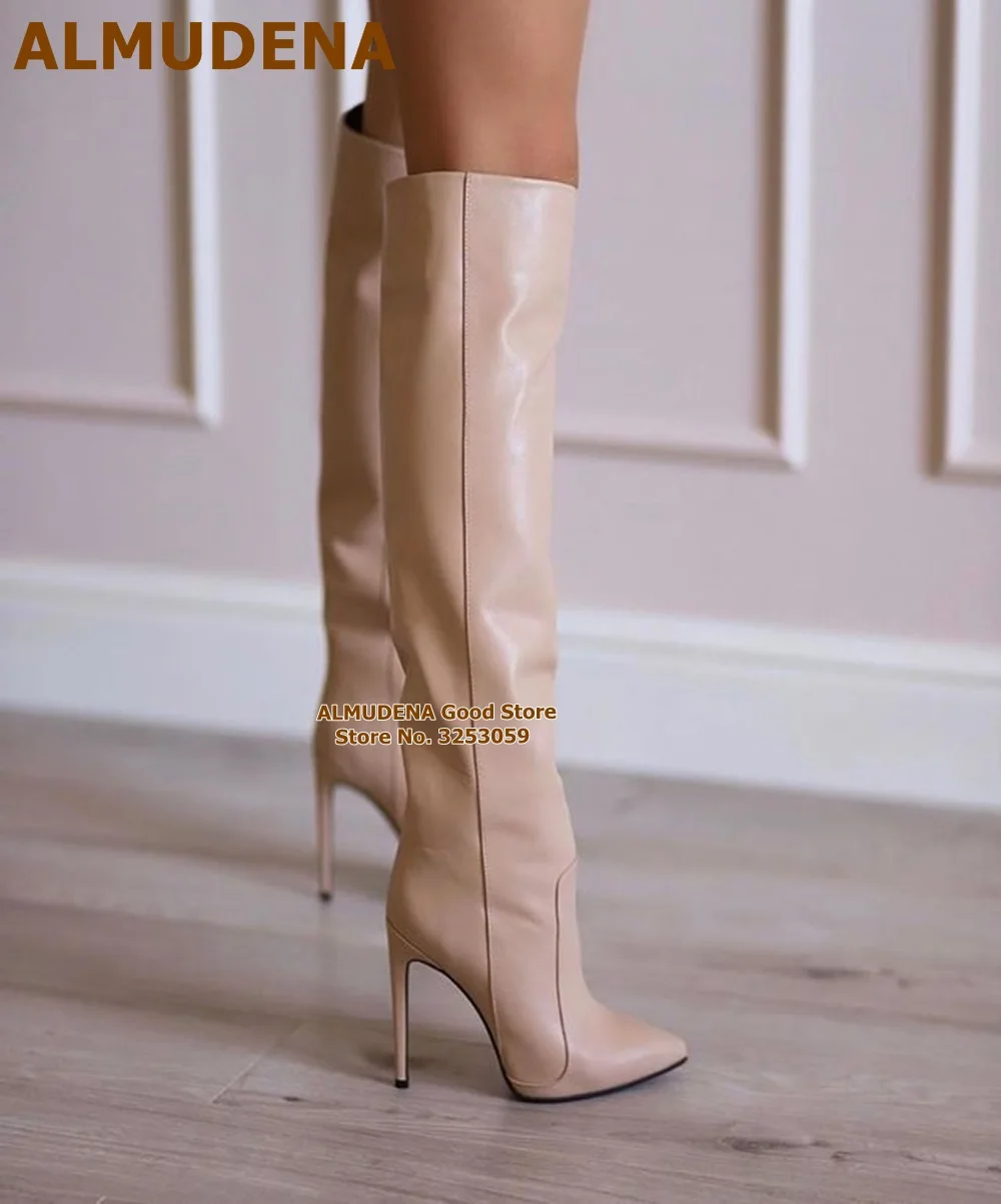 ALMUDENA Nude Brown Matte Leather Over-the-knee Boots Thin High Heel Pointed Toe Tall Boots Size46 Gladiator Dress Shoes Pumps