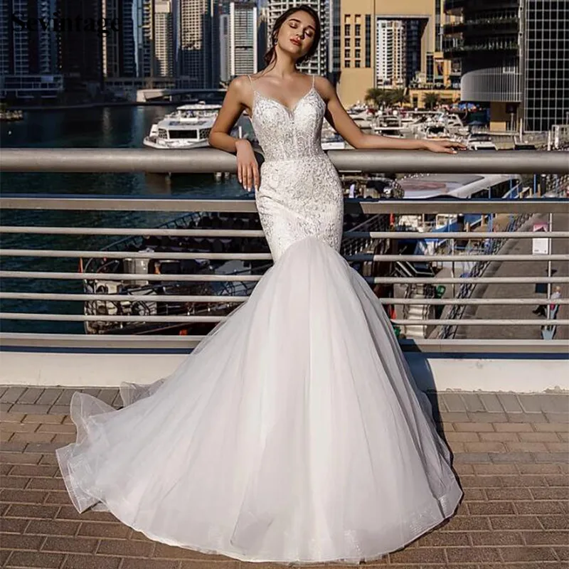 Sevintage abito da sposa in pizzo a sirena Appliques abito da sposa senza schienale in Tulle morbido Plus Size abiti da festa di nozze principessa