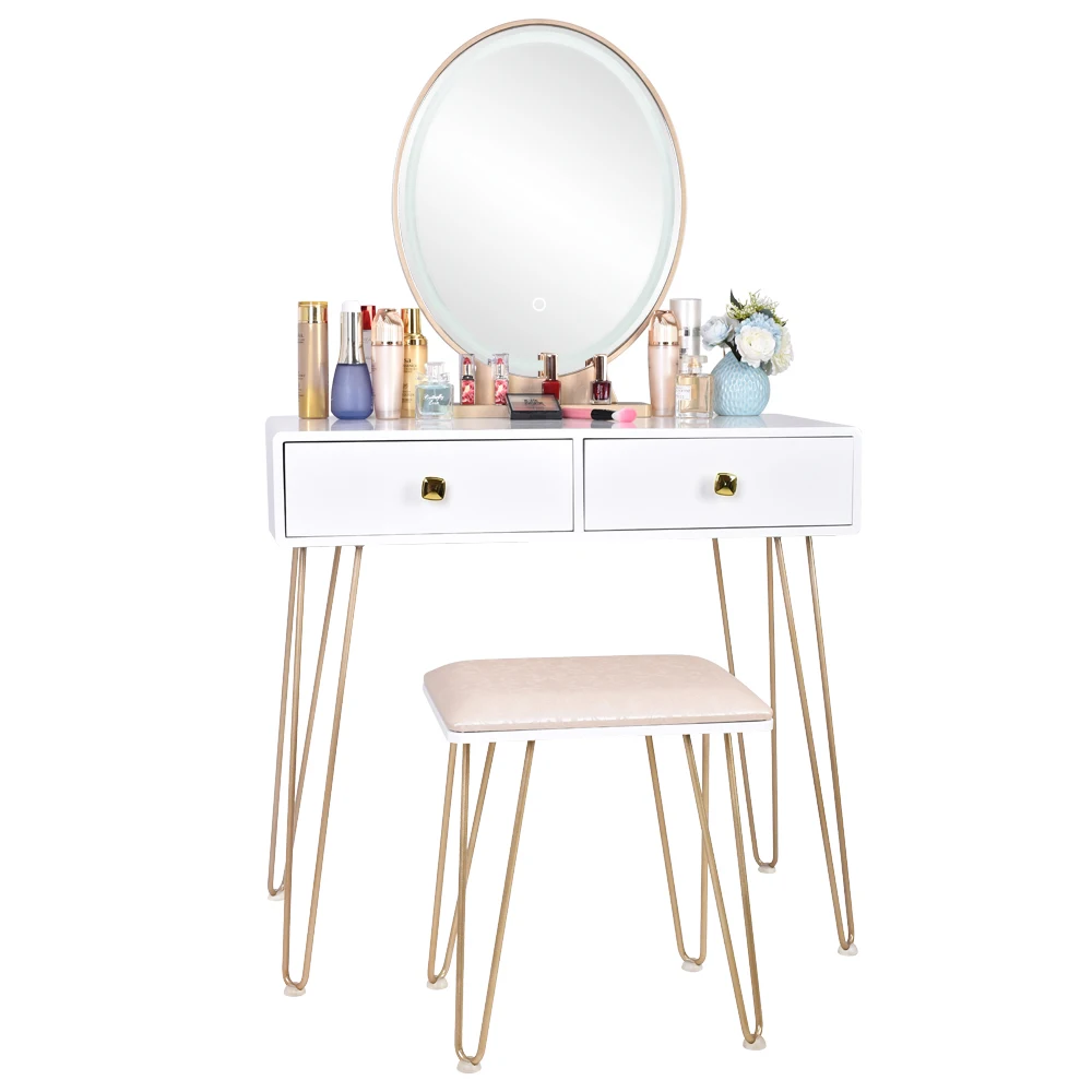 Bedroom Iron Dressing Dressers Table Simple Dressing Table Golden Iron Foot White Desktop With Light Three-Color Adjustable