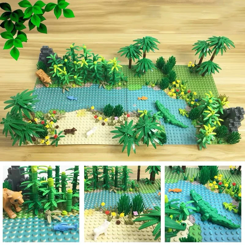 MOC Parts Building Blocks Rainforest Jurassic Dinosaurs Park Animal Green Grass Jungle Bush Flower Tree Plants Brick Toys Gift