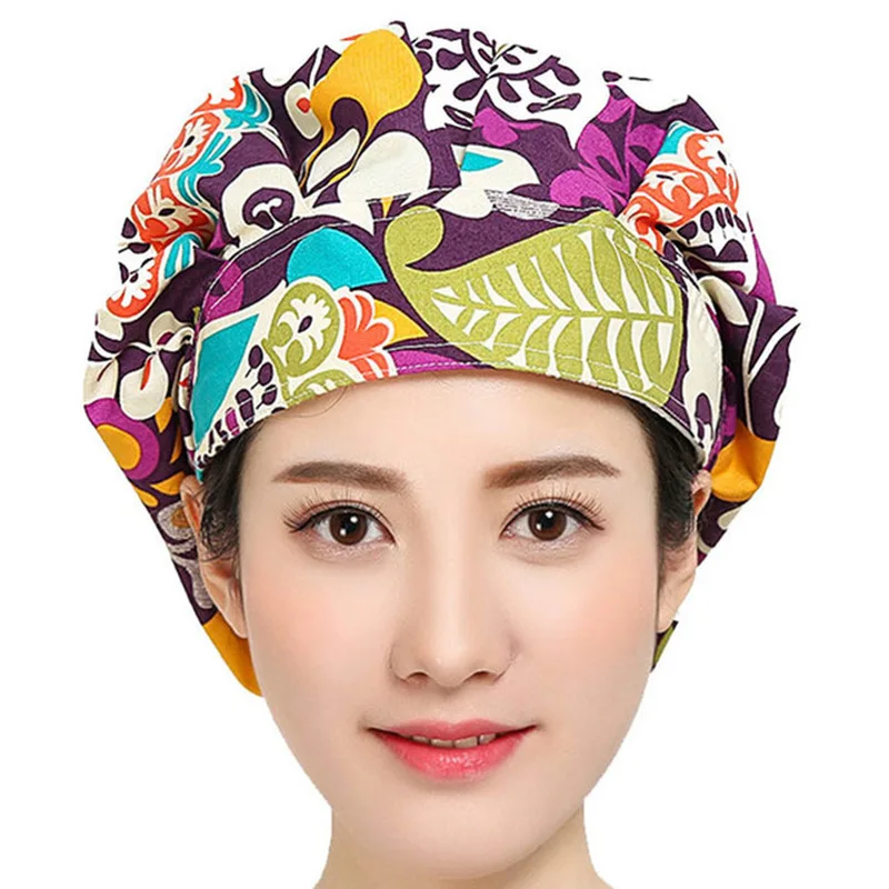 Scrub Caps for Women Hair Cover Flower Printed Adjustable Sweatband Bouffant Hats Cotton Hats Reuseable Work Wear Head Caps