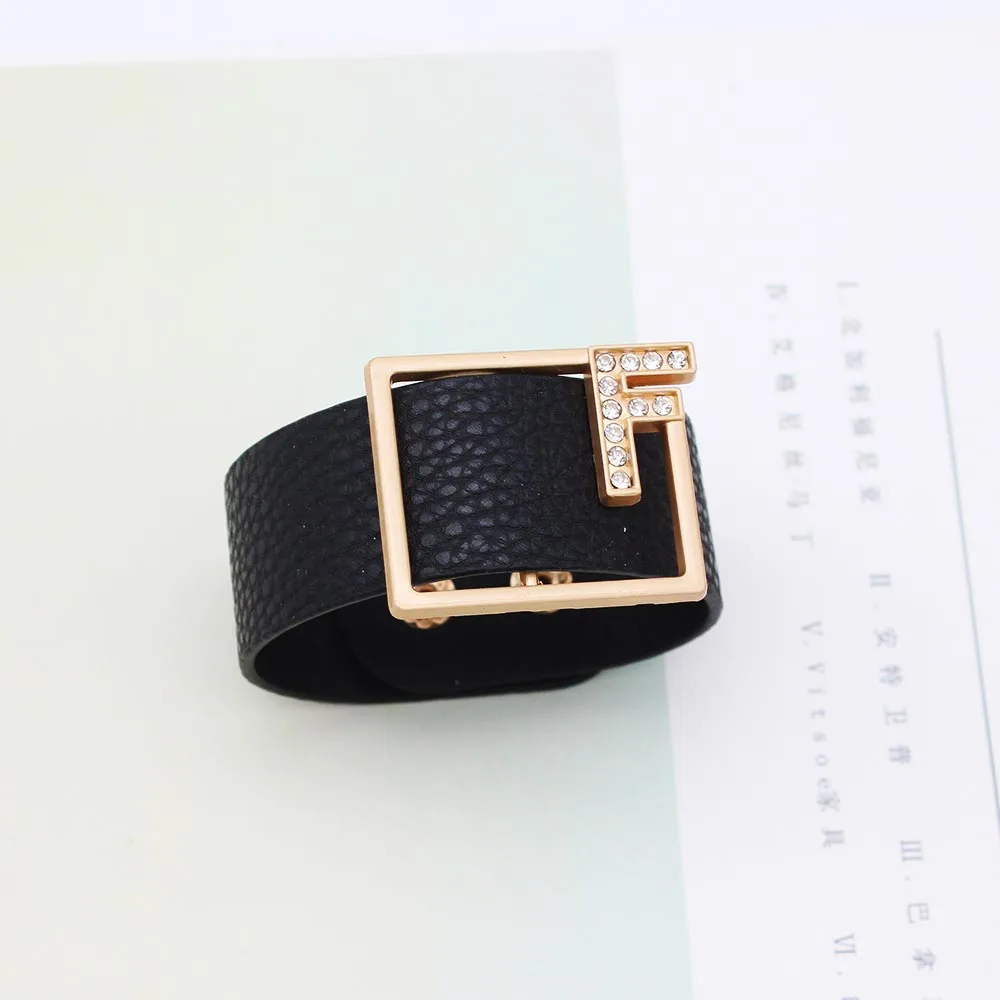 TOTABC Fashion Black Leather Bracelet Crystal F Wristbands Wrap Bracelet