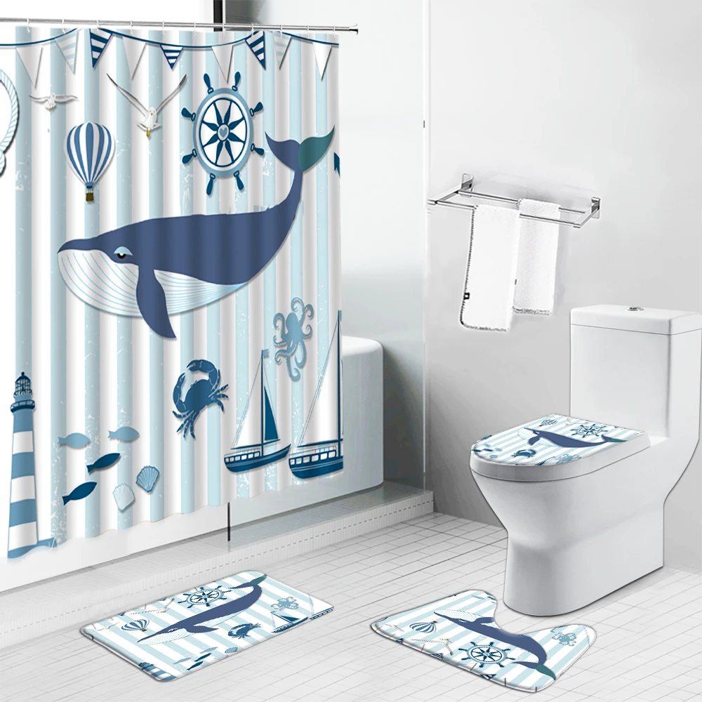 Cartoon Fish Shower Curtains Bath Mats Rug Ocean Animal Sea Turtle Dolphin Whale Non-slip Mat Carpet Child Bathroom Decor Set