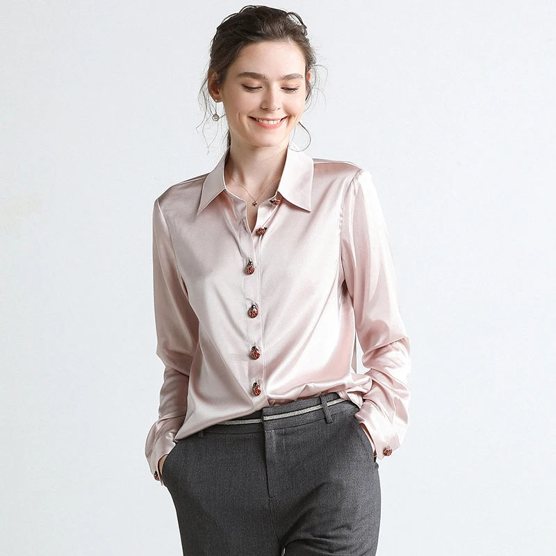 Chemisier à manches longues en Satin de soie véritable pour femmes, chemise de bureau rose, hauts pour dames, mode printemps automne 2020