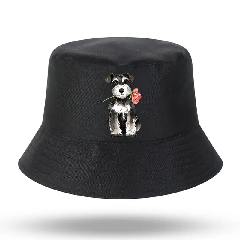 2024 New Cute Rose Mini Schnauzer Print Men Women Bucket Hat Outdoor Panama Fishing Cap Fisherman Hat Fishing Hat