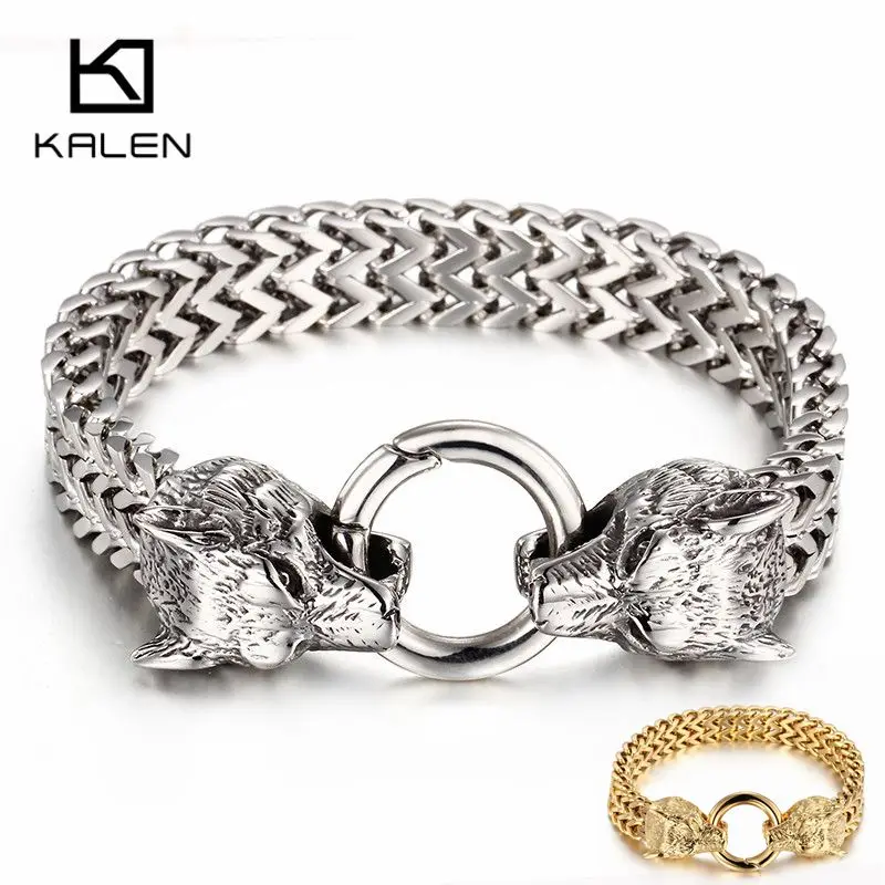 

KALEN 19-23cm Rock Viking Wolf Charm Bracelet Men's Stainless Steel Mesh Chain Punk Bracelets Biker Jewelry