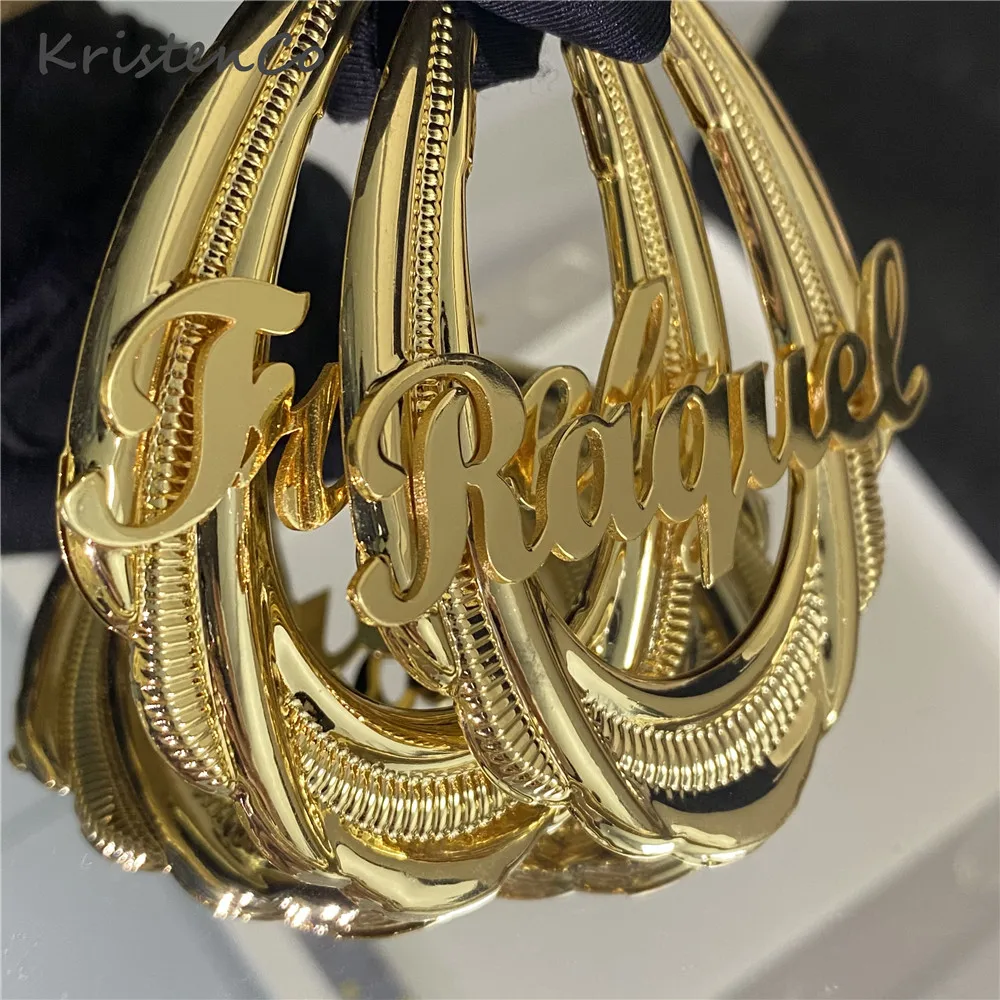 KristenCo 65mm Stainless Steel Bamboo Hoop Earrings Customized Name Earrings Bamboo Style Custom Earrings for Women Gift