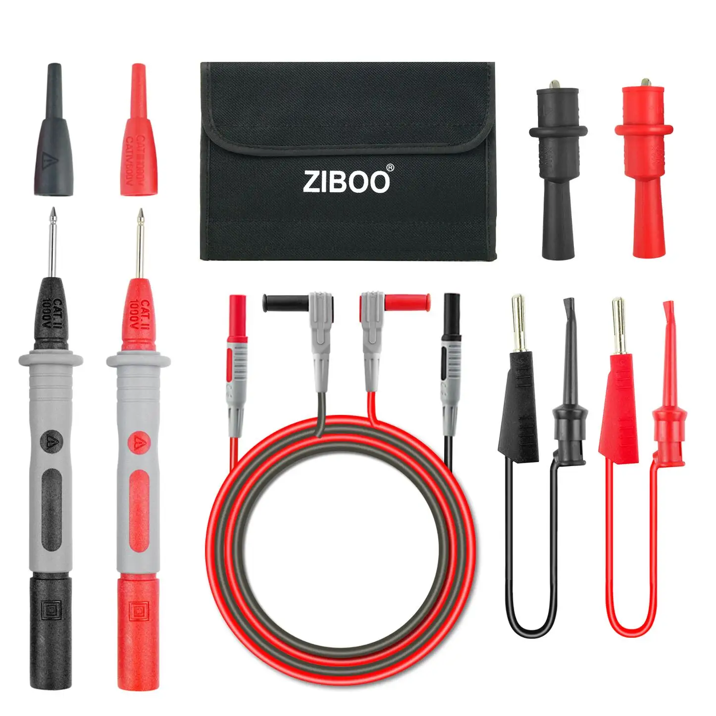 ZIBOO KIT-11 Multimeter Test Leads Kit Alligator Clips and Plunger Test Mini Hooks Test Probes 1000V 10A CAT III & CAT IV 600V.