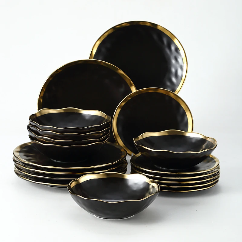 

18pc Set Cutlery Plate Tray Set Luxury Black Dinnerware Kitchen Tool Porcelain Dinner Gold Soap Ceramic Food Dessert Plate Bowl