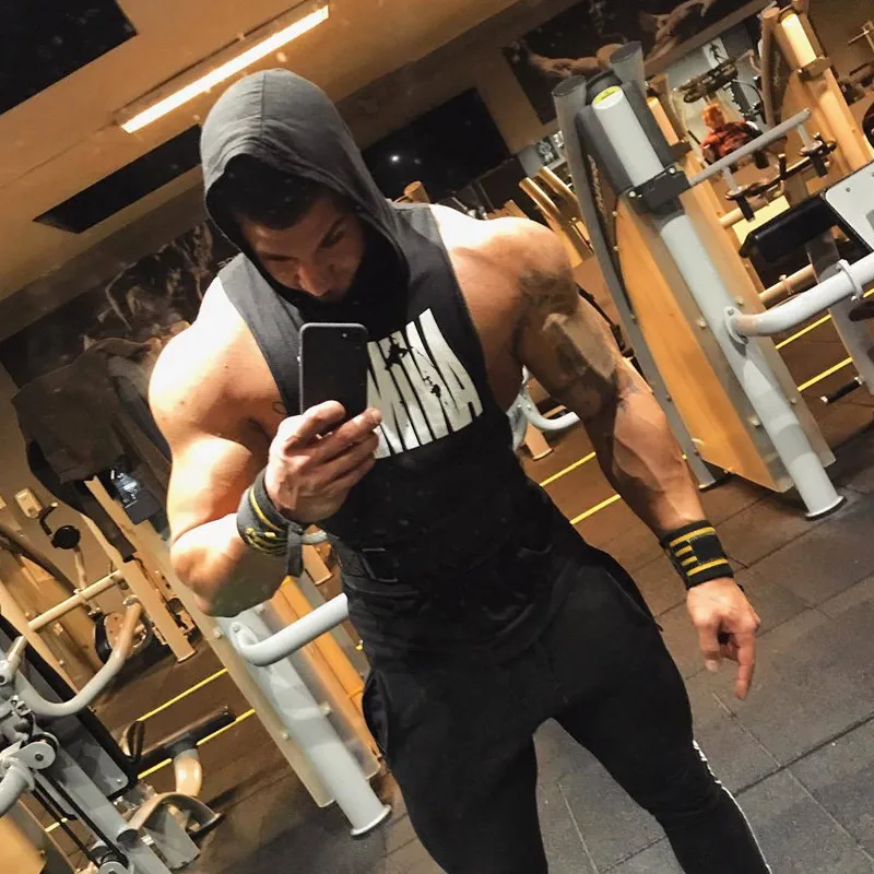Summer Sleeveless Men\'s Gym Shirt Bodybuilding Fitness Muscle Hooded Tank Tops Run Training 100% Cotton hood Singlet Shirt Tank