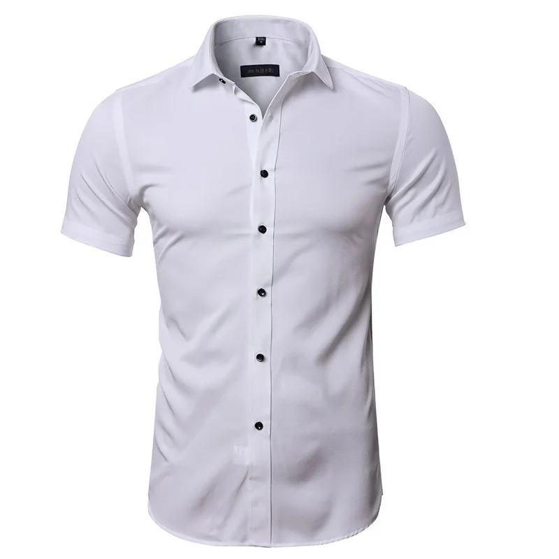 Gray Elastic Bamboo Fiber Shirt Men Brand Summer Short Sleeve Mens Dress Shirts Non Iron Easy Care Business Work Chemise Homme